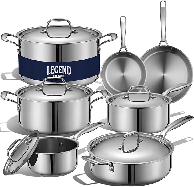 LEGEND COOKWARE 5-Ply Stainless Steel Cookware Set, 12-Piece Pots and Pans Set - Induction Compatible, Oven Safe 800째F - Non-Toxic, No Coatings - Built to Last Generations