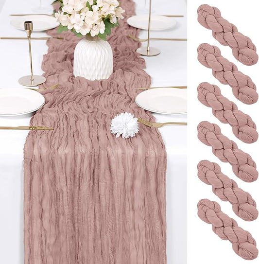 RealBox 6 Pack Dusty Pink Cheesecloth Table Runner 17x108 Inch Semi Sheer Boho Gauze Cheese Cloth Fabric Table Runners Table Decor for Wedding Party Baby Shower Birthday Home Decor Garden Farmhouse