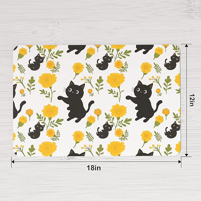 QIYI Placemats Set of 6, 12x18 Inch Faux Leather Place Mats for Kitchen Dinning, Heat Resistant Anti Slip Flower Table Mats, Waterproof Wipeable Washable Placemat Party Table D챕cor, Cute Black Kittens