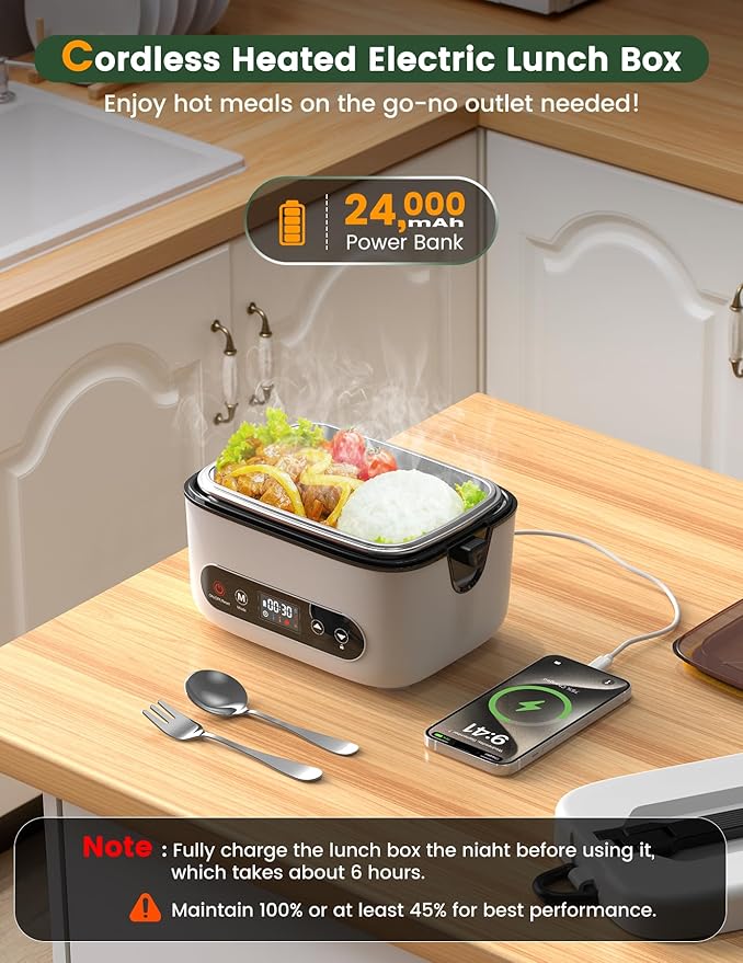 Cordless Electric Lunch Box, 1.2L Battery Powered Heated Lunch Box ??100W, 24000mAh Rechargeable Portable Self-Heating Food Warmer with 5-Sided Automatic Heating for Outdoors, Truck, Office, BPA-Free