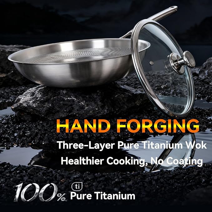 Titanium Hammered Wok Pure with Lid, No Coating Non-Stick Titanium Cookware, Frying Pans, Hammered Pan, Ultra-Durable, Scratch-Resistant, Safe for Oven, Induction & Cooktops Up To 750째F,12.59i