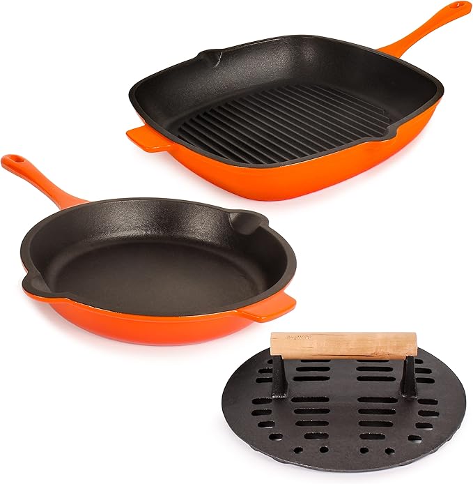BergHOFF Neo 3Pc Enameled Cast Iron Cookware Set, Fry Pan 10 inches, Grill Pan 11 inches, Slotted Steak Press, Fast, Evenly Heat, Oven safe (Orange)