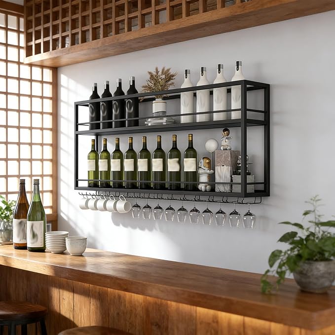 Industrial Wall Mounted Wine Rack, 2-Tier Wood Wine Bottle Shelf with Stemware Rack, Black Wine Glass Rack Multi Functional Wine Storage Display Rack for Home Bar Dining Room Kitchen (47.2횞7.8횞26in)