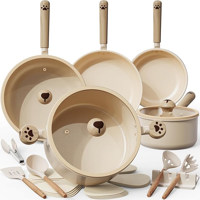 Astercook Pots and Pans Set Non Stick, Ceramic Cookware Set Non Toxic, 18 Pcs Dishwasher Safe Induction Cookware for Everyday Cooking & Kitchen Gifts