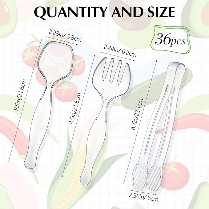 Vesici 12 Sets /36 Pcs 9'' Large Plastic Serving Utensils Set for Buffet, Clear Disposable Serving Utensils Heavy Duty Spoons Forks Tongs Catering Supplies for Christmas Wedding Birthday Party