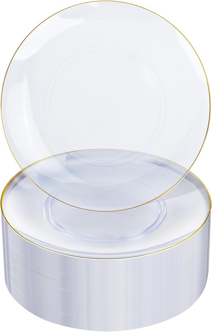 Nervure 100 Pieces Clear and Gold Plastic Plates - 10.25inch Gold Dinner Plate - Heavyweight Clear Disposable Plates Ideal for Party & Wedding & Thanksgiving