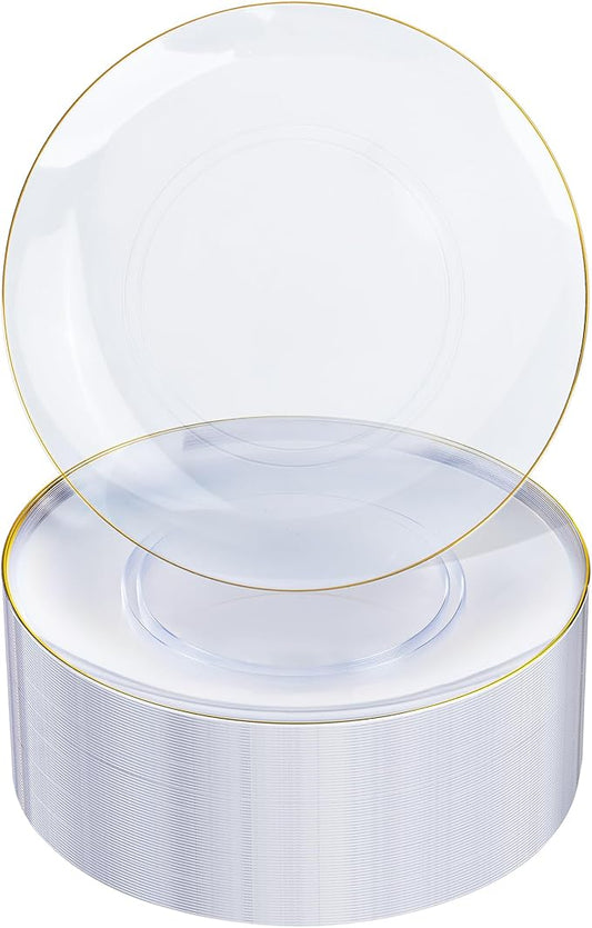 Nervure 100 Pieces Clear and Gold Plastic Plates - 10.25inch Gold Dinner Plate - Heavyweight Clear Disposable Plates Ideal for Party & Wedding & Thanksgiving