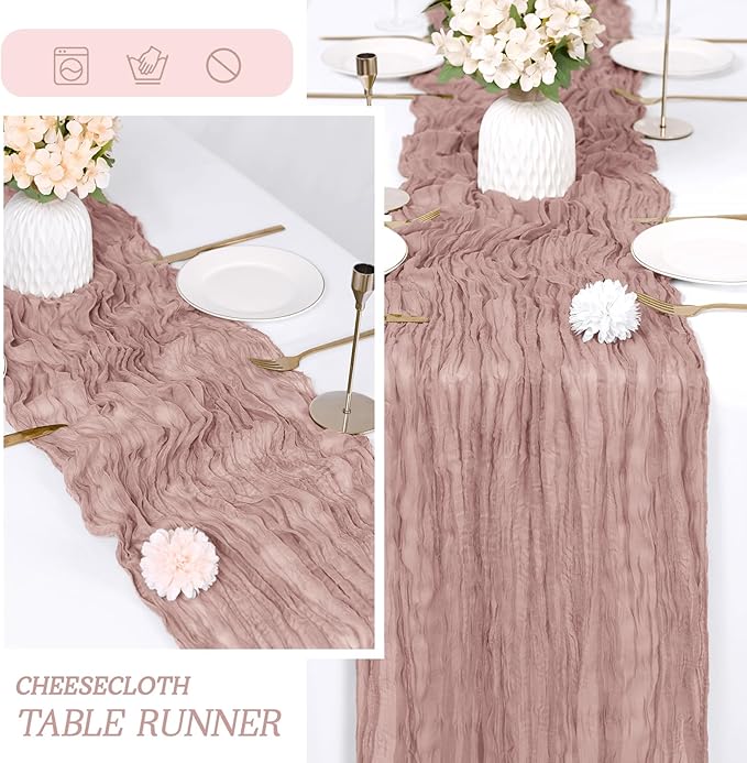 RealBox 3 Pack Dusty Pink Cheesecloth Table Runner 17x108 Inch Semi Sheer Boho Gauze Cheese Cloth Fabric Table Runners Table Decor for Wedding Party Baby Shower Birthday Home Decor Garden Farmhouse