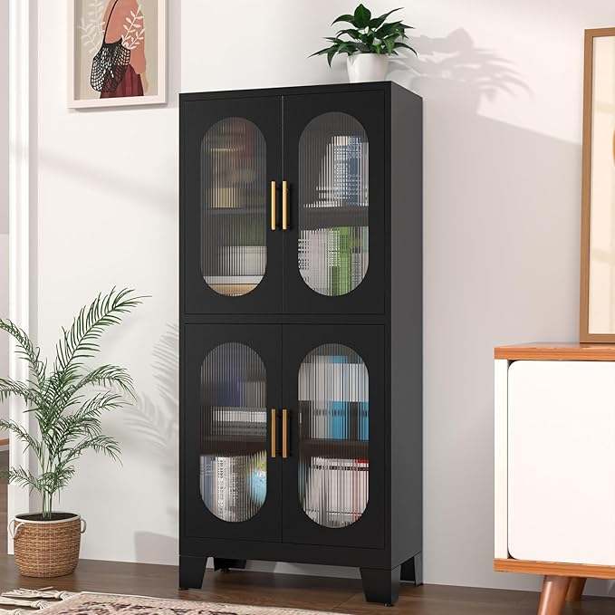 Pantry Cabinet, 61" with Acrylic Glass Doors and Adjustable Shelves, Metal Kitchen Cabinet for Multiple Rooms