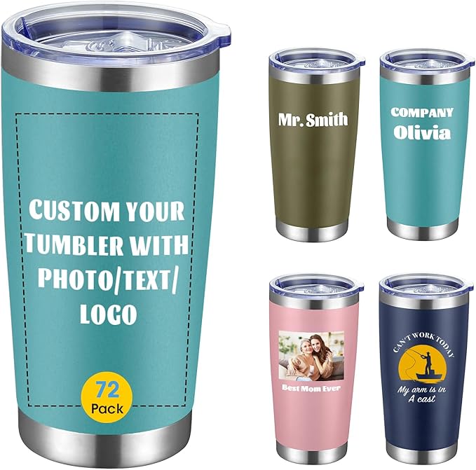 COMOOO Personalized 20oz Stainless Steel Tumbler with Lid, Insulated Tumbler Custom Gift with Text, Photo, Logo for Men, Women, Friends竊똁lue, 72 Pack