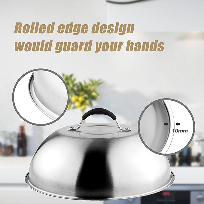 only fire Chesse Melting Dome,9 Inch &12 Inch Heavy Duty Round Basting Steam Cover,Stainless Steel Griddle Accessories for Flat Top Griddle Grill Indoor or Outdoor,2PCS,Dishwasher Safe