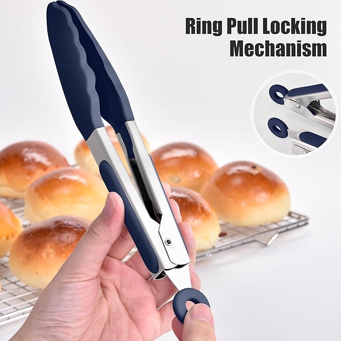 Doosu Kitchen Tongs for Cooking - 600째F Heat Resistant Food Tong with Non-Scratch Silicone Tips, Heavy Duty Stainless Steel Locking Tong for BBQ, Grilling Steak, Serving Salad Pasta (7in, Navy Blue)