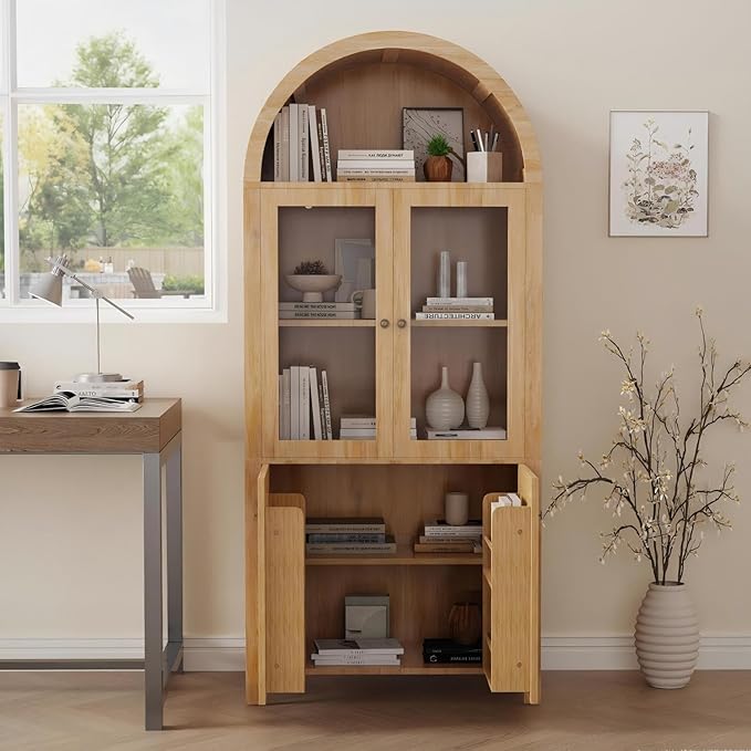 LINLUX Tall Arched Cabinet, 71??Versatile Modern Farmhouse Flute Pantry with 2 Tier Adjustable Shelves for Kitchen, Dining Room, Bathroom Anti-Tipping Device, Natural Wood
