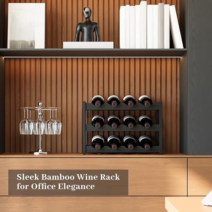 Wine Rack竊똁amboo Wine Storage Cabinet Shelf竊똂ountertop Wine Shelf- Freestanding Wine Holder for Kitchen & Pantry (Black, 3-Tier)