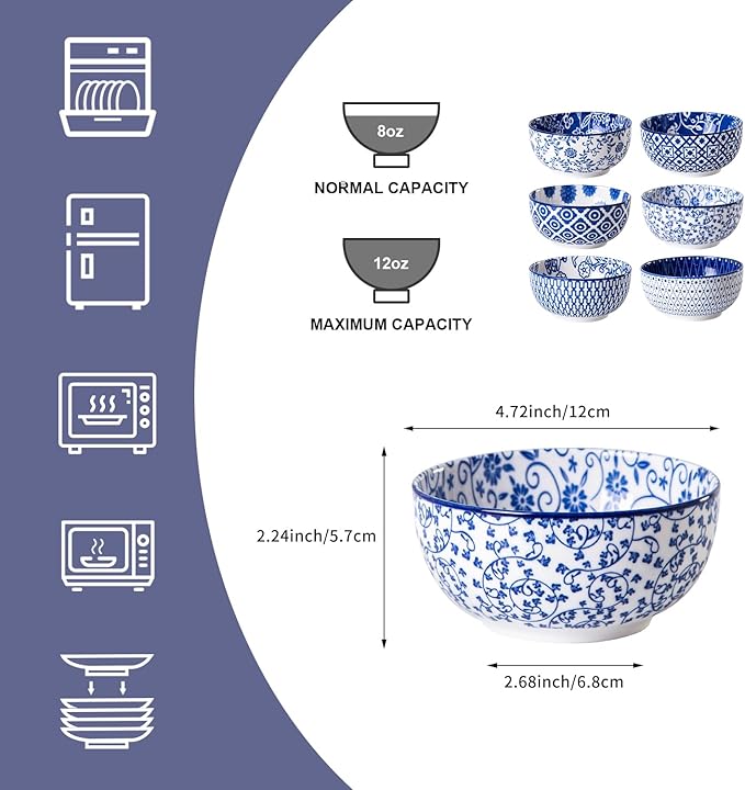 Cerkik Ceramic Dessert Bowls Set - 11 Oz Small Ice Cream Bowl for kitchen - 4.7 Inch Porcelain Cereal Bowl for Fruits, Salad, Side Dishes, Ramen - Microwave Dishwasher Safe - Set of 6 - Vintage Blue