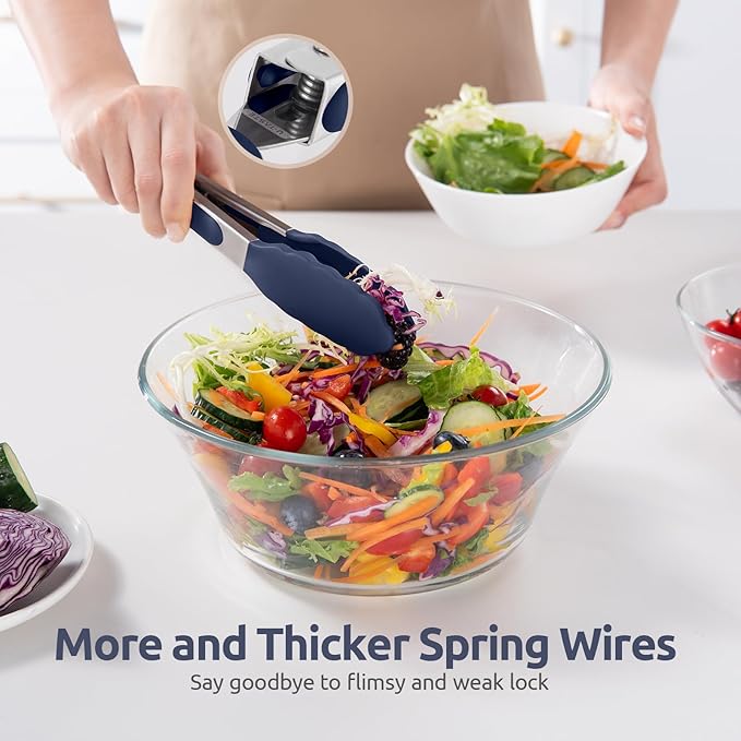 600쨘F Heat Proof Kitchen Tong: U-Taste 7" Silicone Cooking Tong with Firm Sealed Non Stick Rubber Tips & Silicon Coated 18/8 Stainless Steel Handle & Smooth Locking for Serving Salad (Midnight Blue)