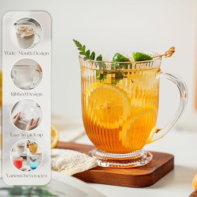 Large Ribbed Glass Coffee Mugs Set of 4,16 Oz Clear Espresso Mugs with Spoon, Glass Tea Cups with Handle Diner Latte Cup with Footed Base for Hot Beverages,Cappuccino Cups, Stylish Drinkware