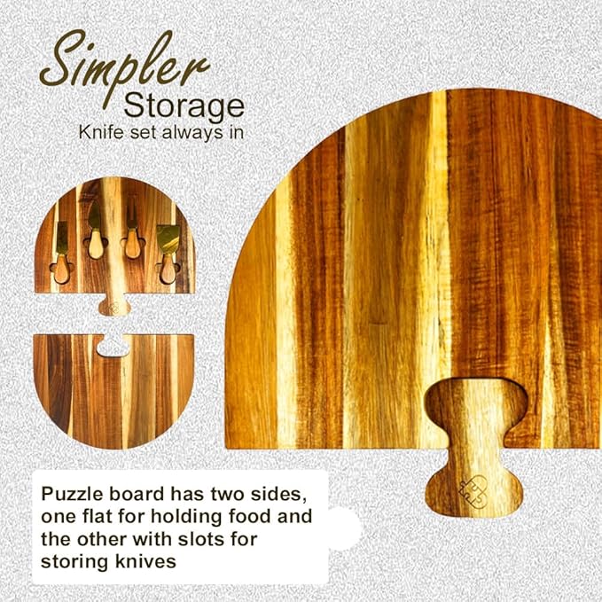 Charcuterie Board Set - 2 Pieces with Knife Set, Premium Acacia Wood Cheese Boards, Puzzle Shaped Serving Tray, Christmas, House Warming Gifts New Home, Wedding & Bridal Shower Gift