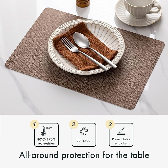 Baroyal Faux Leather Placemats Set of 8 Vinyl Washable Wipeable Table Mats for Kitchen Dining Table Heat Resistant Waterproof Modern Indoor/Outdoor Placemats Non-Slip Easy Clean Place Mats (Cocoa)