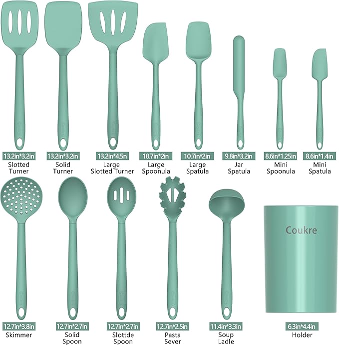 Coukre Silicone Kitchen Cooking Utensils Set with Holder ??Heat-Resistant, Food-Grade Kitchen Tools, Spatula, Spoon & Gadgets for Non-Stick Pans, Dishwasher Safe (14, PureAquaGreen)