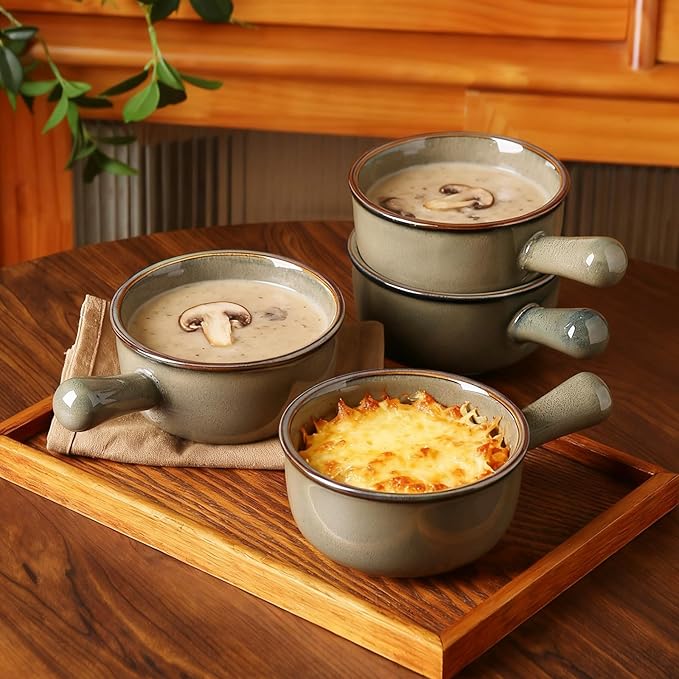 MONITO 28 Oz French Onion Soup Bowls, Ceramic Soup Bowls with Handles, Stackable Soup Crocks, Oven/Microwave/Dishwasher Safe, for Cereal, Soups, Casseroles