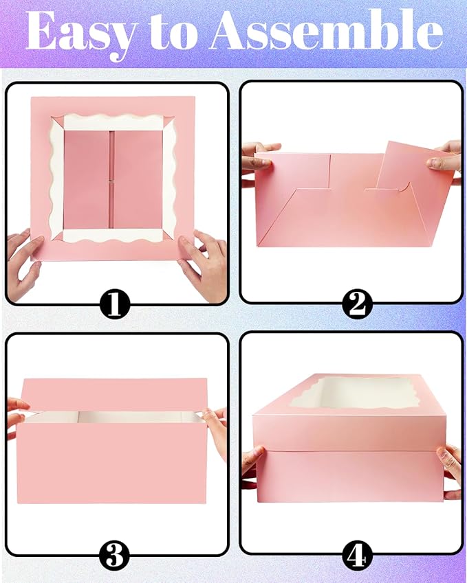 qiqee Pink 10x10x8 Cake Box, 4 Sets Cake Box with Window 竊?4 Sets 10" Cake Round Boards, 10inch Cake Containers, 10 Meters Pink Silk Ribbon Includes