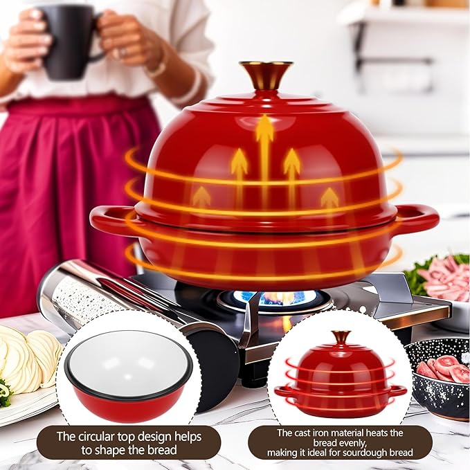 Tioncy Enameled Bread Dutch Oven with Lid for Sourdough Baking 5 Quart Round Cast Iron Dutch Oven Pot Bread Bakers for Kitchen Homemade Cookware Gifts Roasting Frying Cooking Stewing(Red)