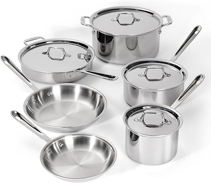 All-Clad D3 Stainless Steel Cookware Set - 10-Piece Pots and Pans Set, Induction, Oven Broiler Safe 600F - Includes Frying Pans, Saucepan, Saut챕-Pan, Stockpot, Professional Cookware - Stainless Steel