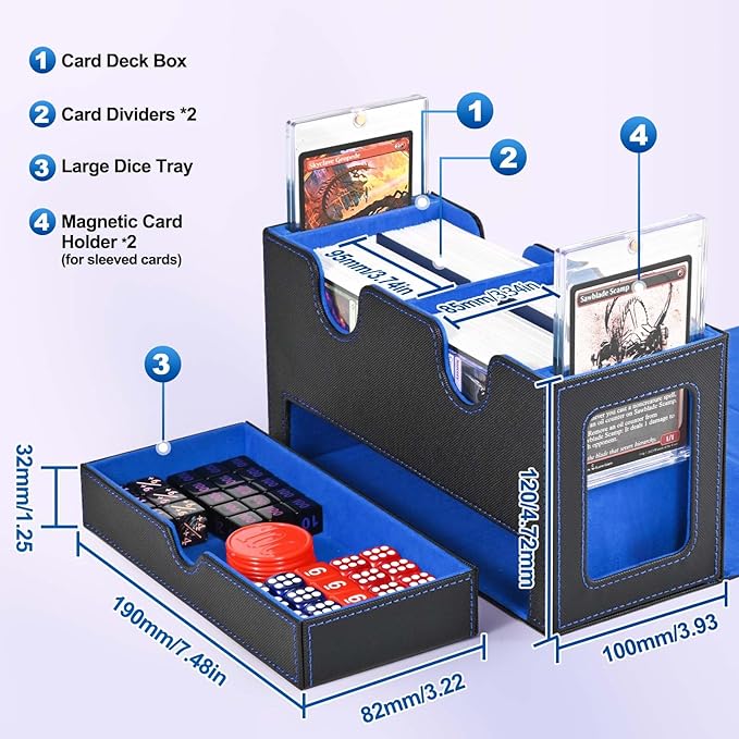 Card Deck Box for MTG, Double Deck Storage Box with 2 Commander Display & 1 Dice Tray, Fits 200+ Double Sleeved, Card Organizer for CCG TCG Sports (Black Blue)