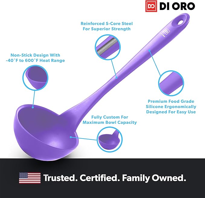 DI ORO Silicone Ladle ??Soup Ladle for Cooking & Serving Heat-Resistant - Large Kitchen Ladle Nonstick Cookware Safe - Soup Serving Spoon with Wide Bowl - Silicone Utensil Dishwasher Safe (Lavender)