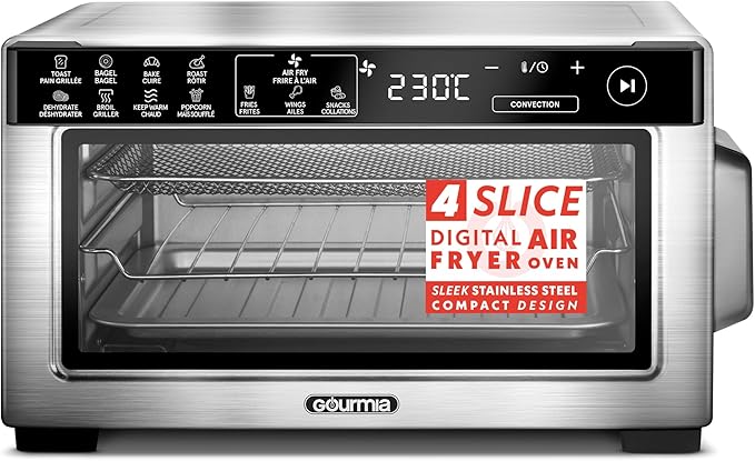 Gourmia Toaster Oven Digital Air Fryer - Convection Mode with 4 Slice Capacity, 3 Rack Positions, 12 Presets, Toast, Bagel, Bake, Roast, Broil, Dehydrate, Popcorn, Fits 9" Pizza, Stainless Steel