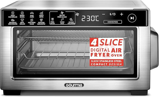 Gourmia Toaster Oven Digital Air Fryer - Convection Mode with 4 Slice Capacity, 3 Rack Positions, 12 Presets, Toast, Bagel, Bake, Roast, Broil, Dehydrate, Popcorn, Fits 9" Pizza, Stainless Steel
