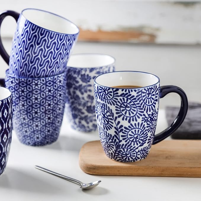 Selamica Ceramic Coffee Mugs Set of 4, 16 OZ Coffee Mug with Handle, Large Coffee Cups for Cappuccino, Tea, Mocha, Cocoa, Dishwasher Microwave Safe, Vintage Blue