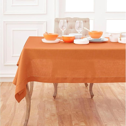 Solino Home Pumpkin Linen Tablecloth 60 x 120 Inch - Classic Hemstitch, 100% Pure Linen Rectangular Tablecloth - Machine Washable Table Cloth