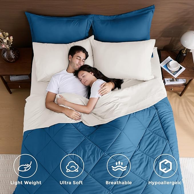 HEVUMYI Teal Blue & Ivory Twin Comforter Set - 5-Piece All Season Bed in a Bag Twin, Ultra Soft Bedding Set with Comforter, Flat Sheet, Fitted Sheet, Pillowcases, Pillow Shams, Teal Blue & Ivory