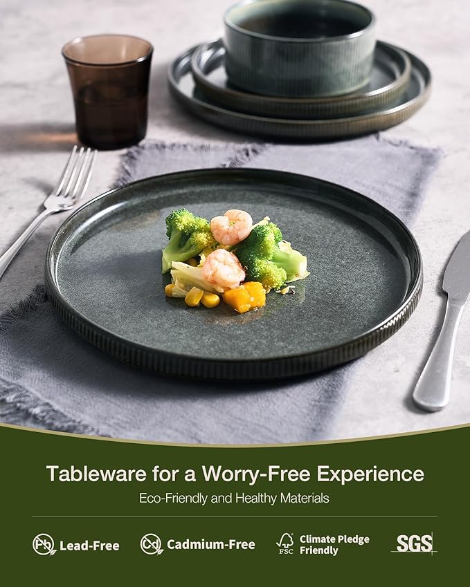 Famiware Star Stoneware Dinnerware Sets for 4 (16pcs), Chip and Scratch Resistant, Microwave & Dishwasher Safe Complete Dishes, Pasta Bowl, Cereal Bowl, Dinner Plate, Salad Plate, Ribbed, Deep Forest