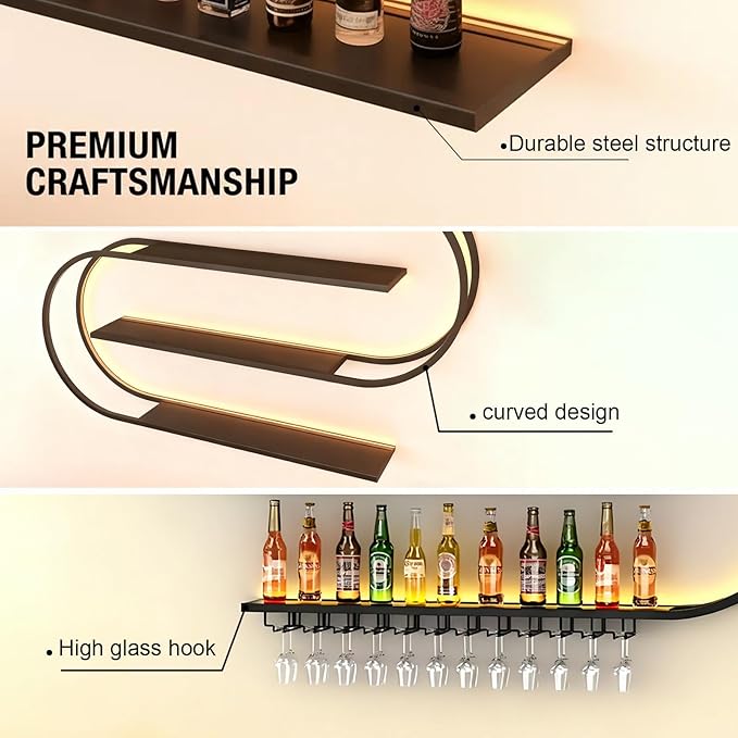 71in Wall Mounted Metal Wine Rack, Floating Wine Bottle Stand 4-Tier, Black Industrial Bar Liquor Bottle Display Shelf,for Home Bar Storage and Display (71in)