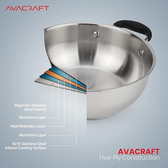 AVACRAFT 18/10 Stainless Steel Everyday Pan, Stir Fry Pan with Five-Ply Base, Chef?셲 Pan with Glass Lid, Multipurpose Stewpot Skillet, Saute Pan, Casserole in Pots and Pans (8 inch)