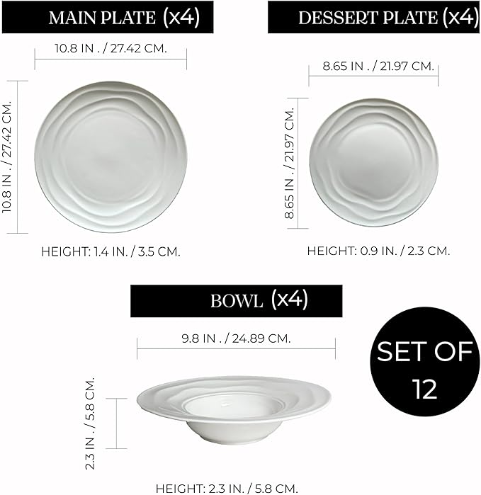 Pots & Patterns White Porcelain Dinner Plates Set for 4 ??12-Piece Chip-Resistant Plates and Bowls with Natural Waves Design ??Microwave, Oven, Dishwasher Safe Scratch-Resistant China Dinnerware