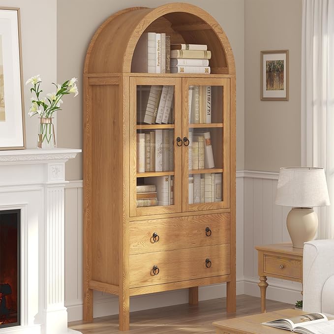 71'' Tall Arched Cabinet, Farmhouse Arched Kitchen Pantry with Doors, Arch Storage Cabinet Display Bookcase with 2 Large Drawers and Adjustable Shelves, Versatile Cupboard for Living Room