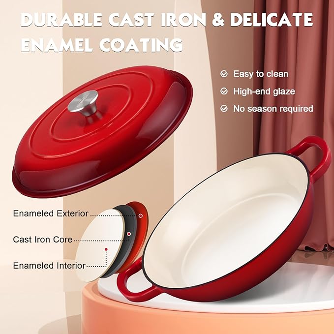 Overmont Enameled Cast Iron Dutch Oven - 3.8 Quart Dutch Oven Pot with Lid - Shallow Cookware Braising Pan - Cast iron Casserole with Cookbook & Heat-resistant Caps - Oven Safe up to 500째 F
