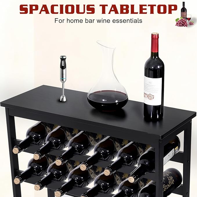 Bamboo Wine Rack Freestanding Floor, 7-Tier 42-Bottle Wine Storage Shelf with Table Top - Black