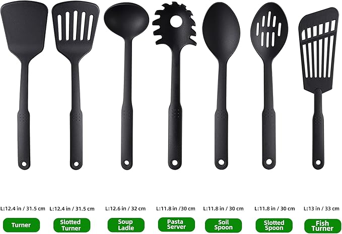 TJ POP Kitchen Utensils Set, 7PCS Cooking Utensils Set 410F째 Heat Resistant & Non-stick Food Nylon Kitchen Gadgets Accessories For Cookware, BPA Free Kitchen Tools Gift (Black)