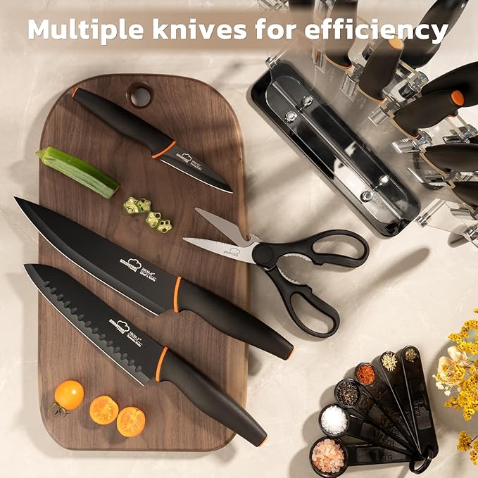 Amorston Knife Set, 22-Piece Kitchen Knife Set with Acrylic Block, Dishwasher Safe with Sharpener, High Carbon Stainless Steel, Anti-slip Ergonomic Handle, Black