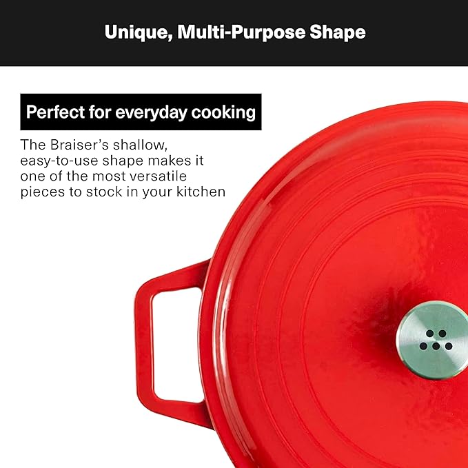 Misen 5.5 QT Braiser ??Enameled Cast Iron Pan for Searing, Braising & Slow Cooking ??No-Chip Enamel Coating ??Extra-Wide Handles ??Superior Heat Retention & Even Cooking - Red