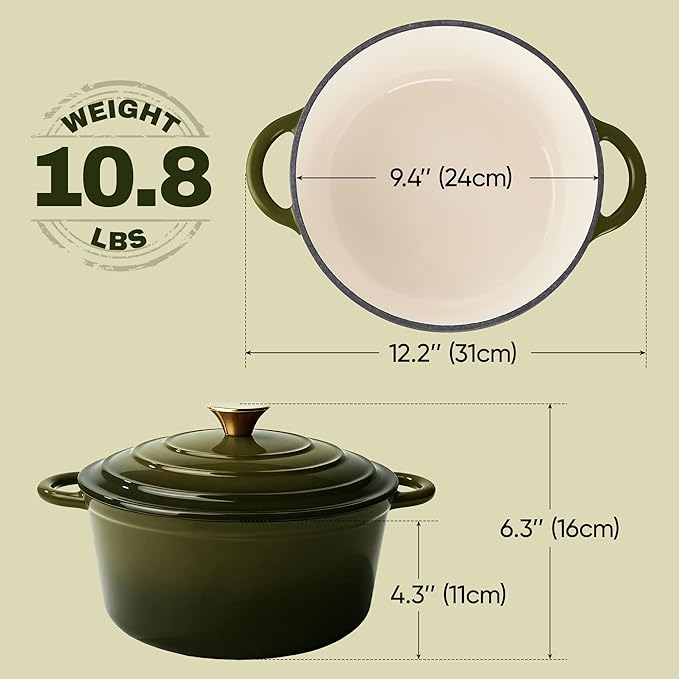 Vintage Style 4.5 Quart Dutch Oven Pot with Lid, Non Stick Enameled Cast Iron Dutch Oven for Bread Baking, Heavy-Duty, Oven Safe Ceramic Cookware Up to 500째F for Baking, Braising, Stews, Roasting, Golden Green