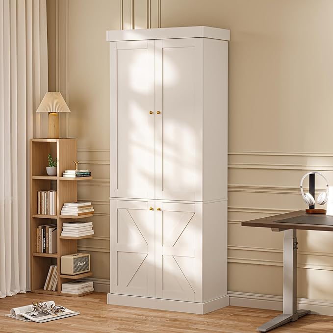 70.8" Tall Farmhouse Kitchen Pantry Cabinet with Glass Doors, Modular Wooden Storage Cabinet with 6-Tier Adjustable Shelves, Hutch for Kitchen or Living Room, White, Set of 2