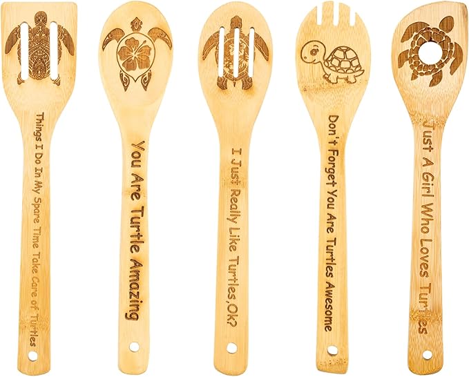 5PCS Turtle Wooden Cooking Spoons Sea Turtle Gifts Turtle Decor Turtle Gifts for Women Turtle Kitchen Decor Gifts for Turtle Lovers Housewarming Wedding Cooking Bamboo Cooking Spoons for Everyday Use