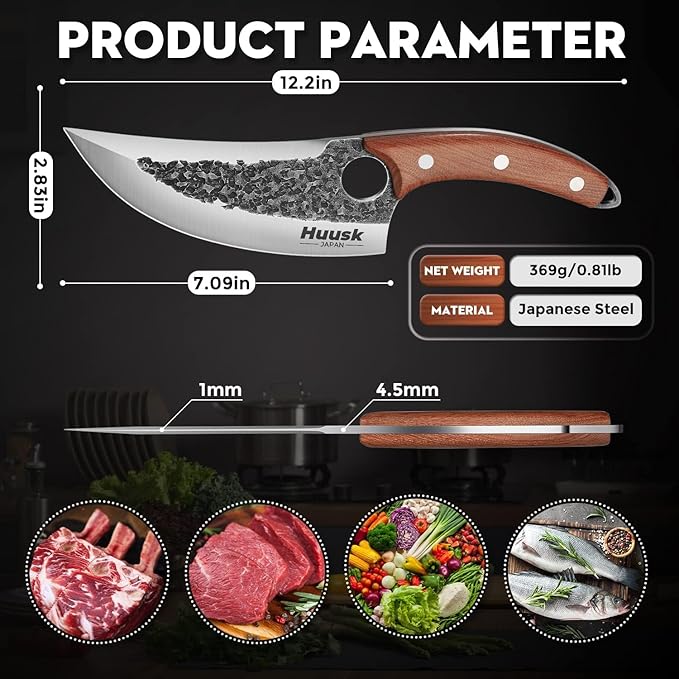 Huusk Chef Knives, Upgraded Viking Knife with Sheath Hand Forged Butcher Knife for Meat Cutting, Sharp Meat Cleaver for Kitchen and Outdoor, Gift for Men and Women