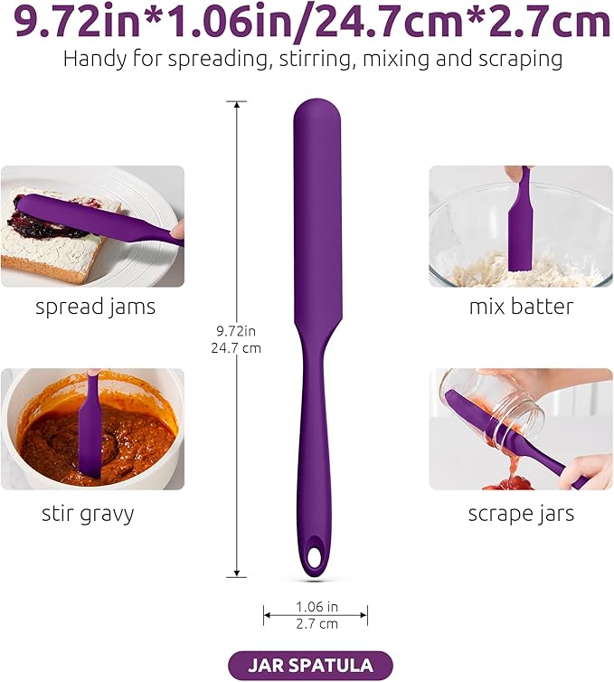 U-Taste Skinny Silicone Jar Spatula: 600쨘F Heat-Resistant Food-Grade 10in Long Narrow Sourdough Stirring Stick, Seamless Flexible Peanut Butter Spreader for Scraping Icing Bread Cream, Jam (Purple)